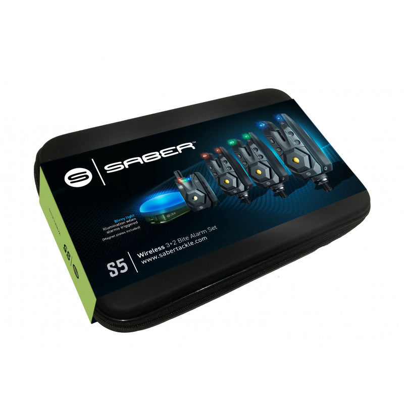 Saber S5 Wireless 3+2 Bite Alarms, Receiver and Bivvy Light